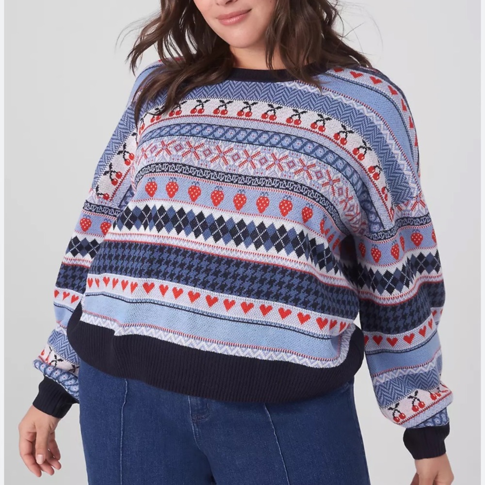 New Lane Bryant Classic Crew-Neck Fruit Jacquard Fair Isle Sweater size 26 / 28